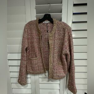 Zara Pink and Gold metallic Tweed sweater Jacket